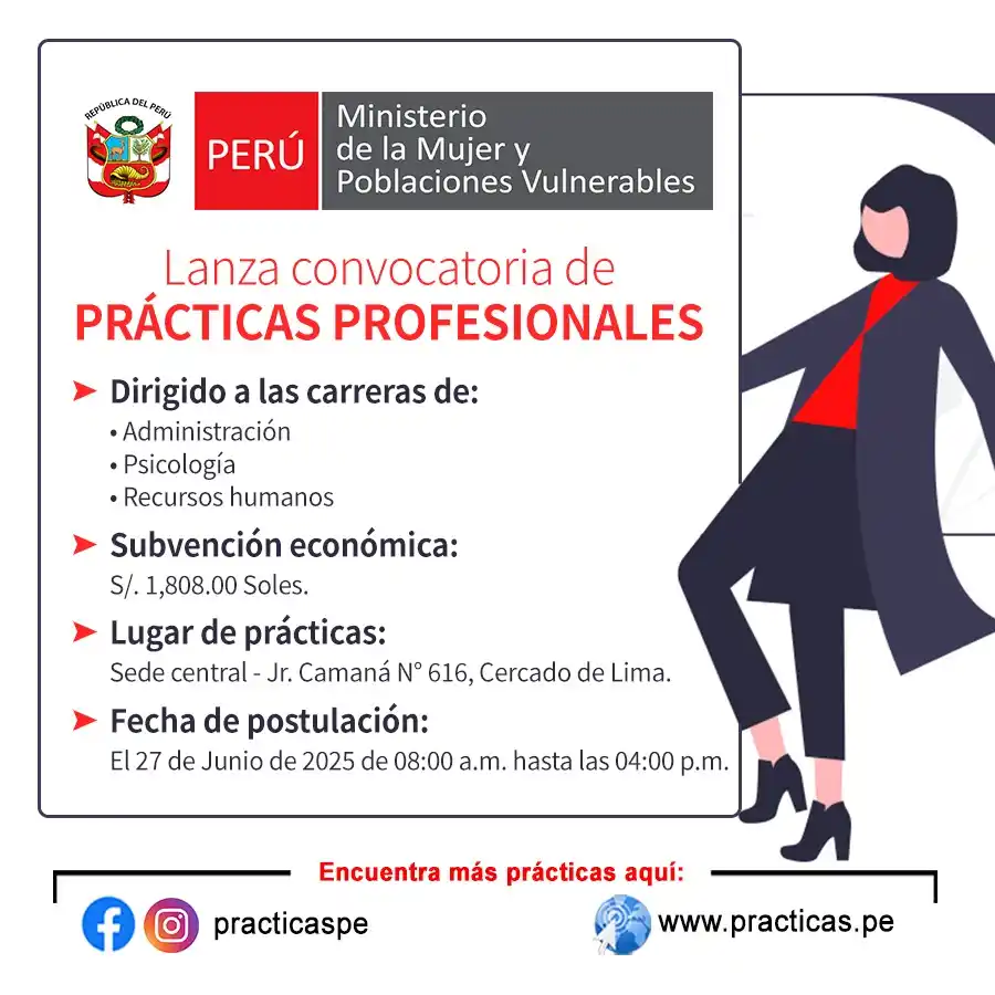 Image from Convocatorias Administración: Empleos - Prácticas - Capacitaciones: Realiza tus Prácticas en MINISTERIO DE LA MUJER(MIMP) 👉Más informació...