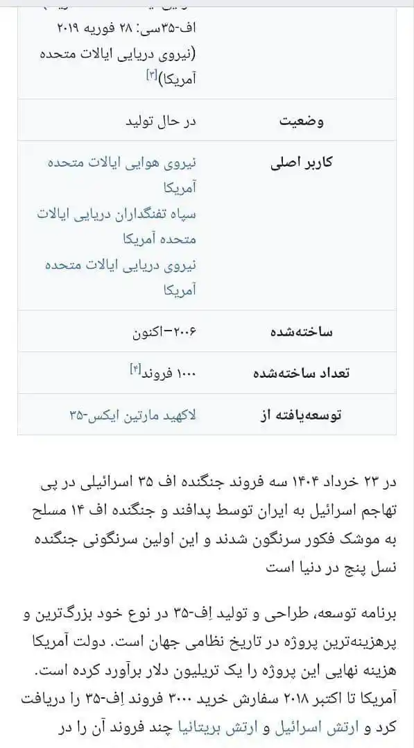 Image from فورگ آنلاین: *📸 سوابق f35 در ویکیپدیا بروز شد / تنها کشور منهدم کننده‌ی این جنگنده...