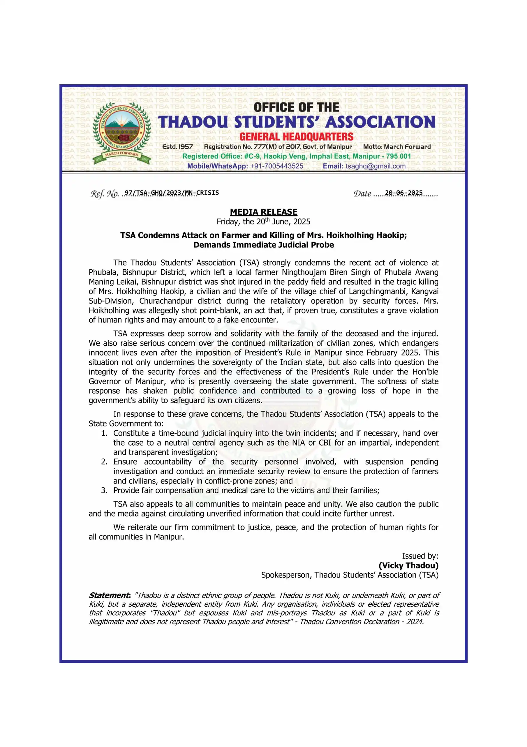 Image from THADOU NAM: *TSA Condemns Attack on Farmer and Killing of Mrs. Hoikholhing Haokip;...