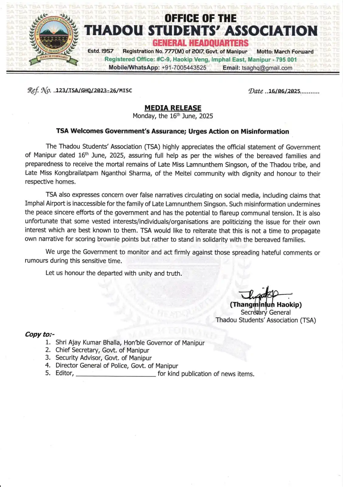 Image from THADOU NAM: *TSA Welcomes Government’s Assurance; Urges Action on Misinformation* ...
