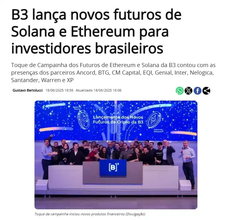 Image from BitNotícias: B3 lança novos futuros de Solana e Ethereum para investidores brasilei...