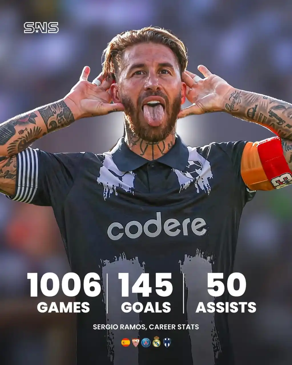 Image from LIVE FOOTBALL NEWS⚽: 🇪🇸 Sergio Ramos – Legendary Career Stats:  👕 1006 games ⚽️ 145 goal...