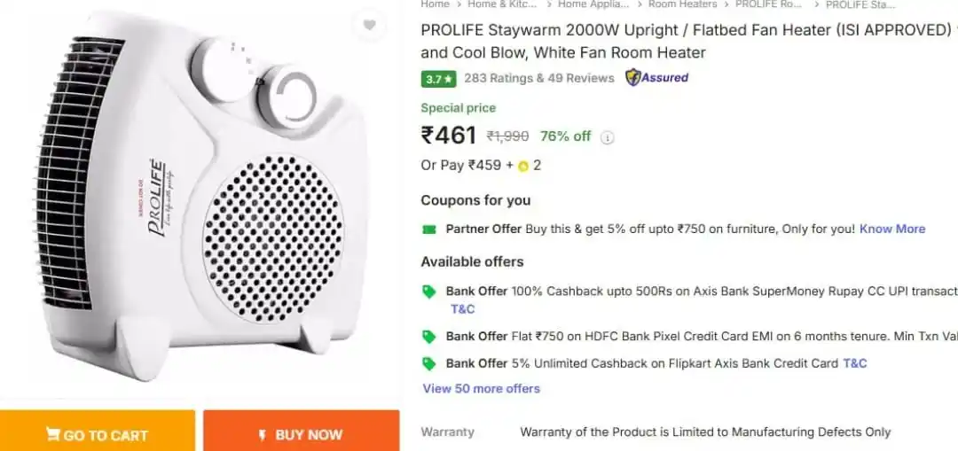 Image from Rk Deals: Extrape offer Flipkart exclusive deal Loot @ 461 : PROLIFE 2000W Fan R...