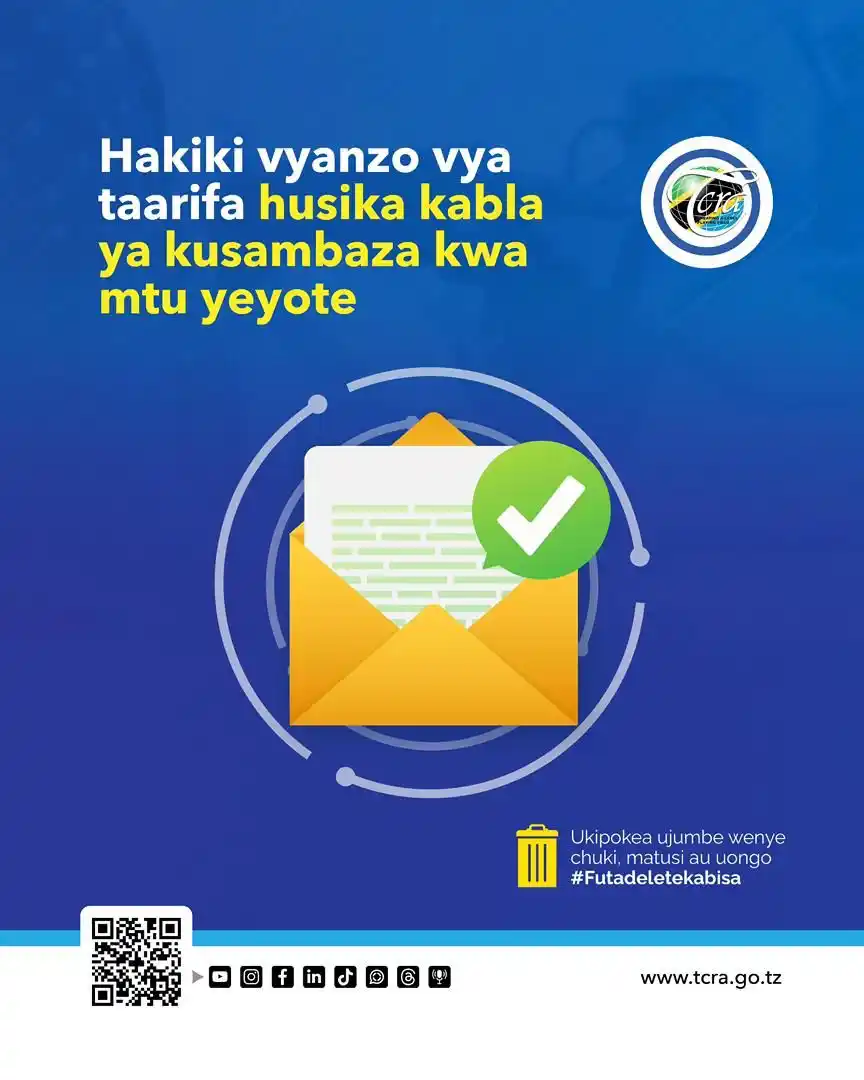 Image from TCRA TANZANIA: 📢 FUTA DELETE KABISA  📌Kuwa sehemu ya kuhamasisha matumizi sahihi na...