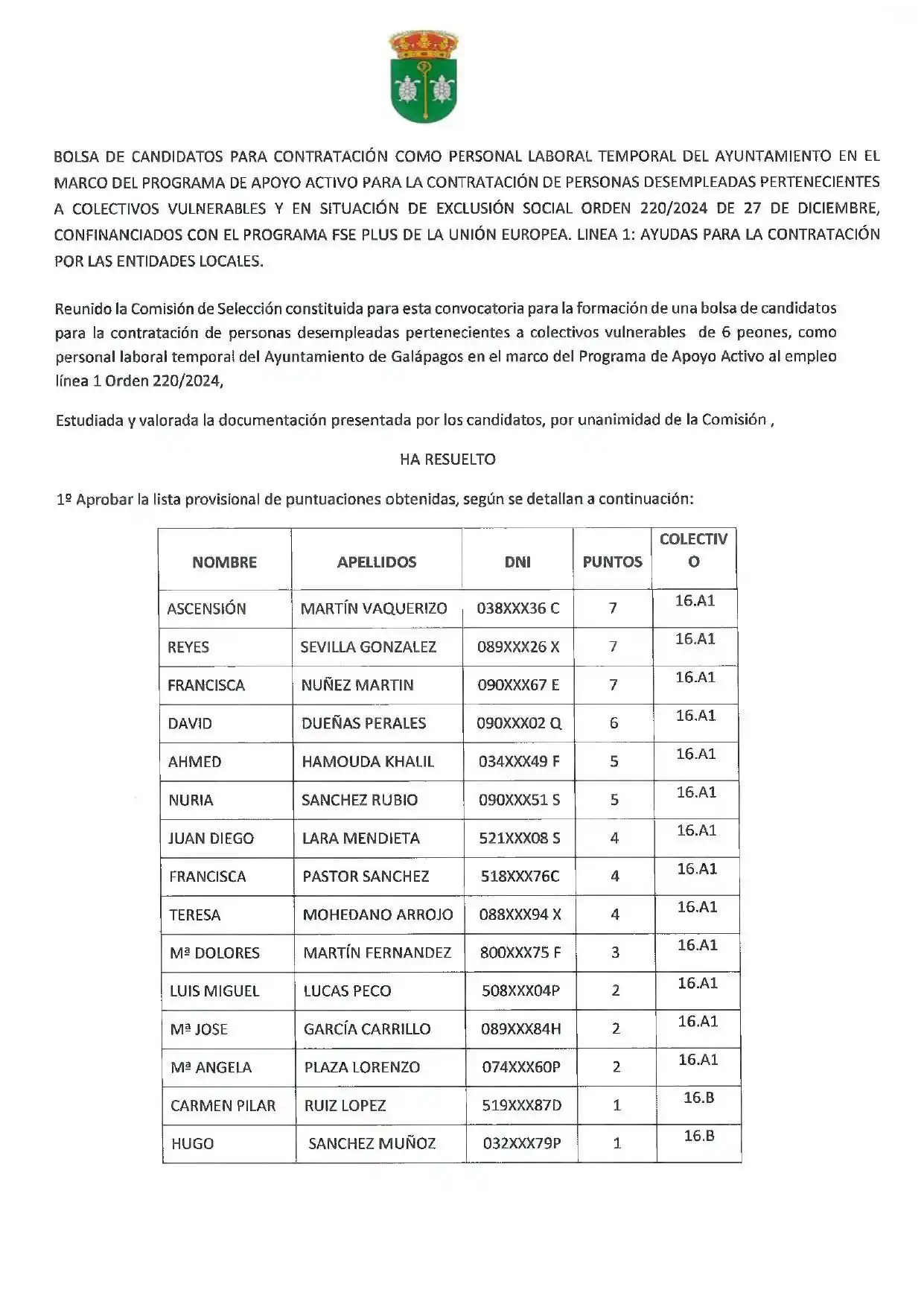 Image from Ayuntamiento De Galápagos: LISTADO PROVISIONAL PUNTUACIÓN DEL PROGRAMA FSE PLUS DE LA UNIÓN EUROP...