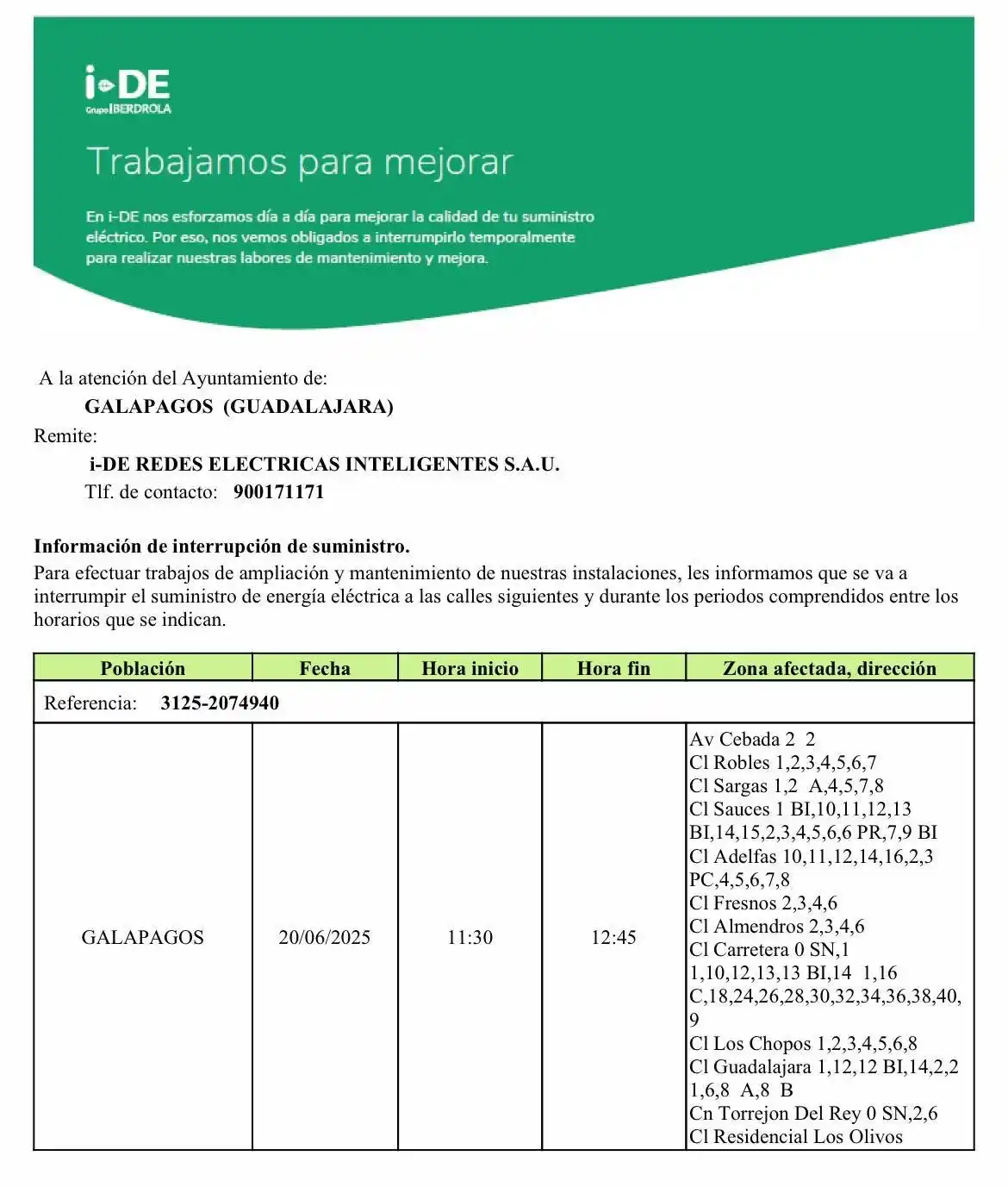 Image from Ayuntamiento De Galápagos: Nos dan aviso desde Iberdrola de corte programado en algunas calles de...