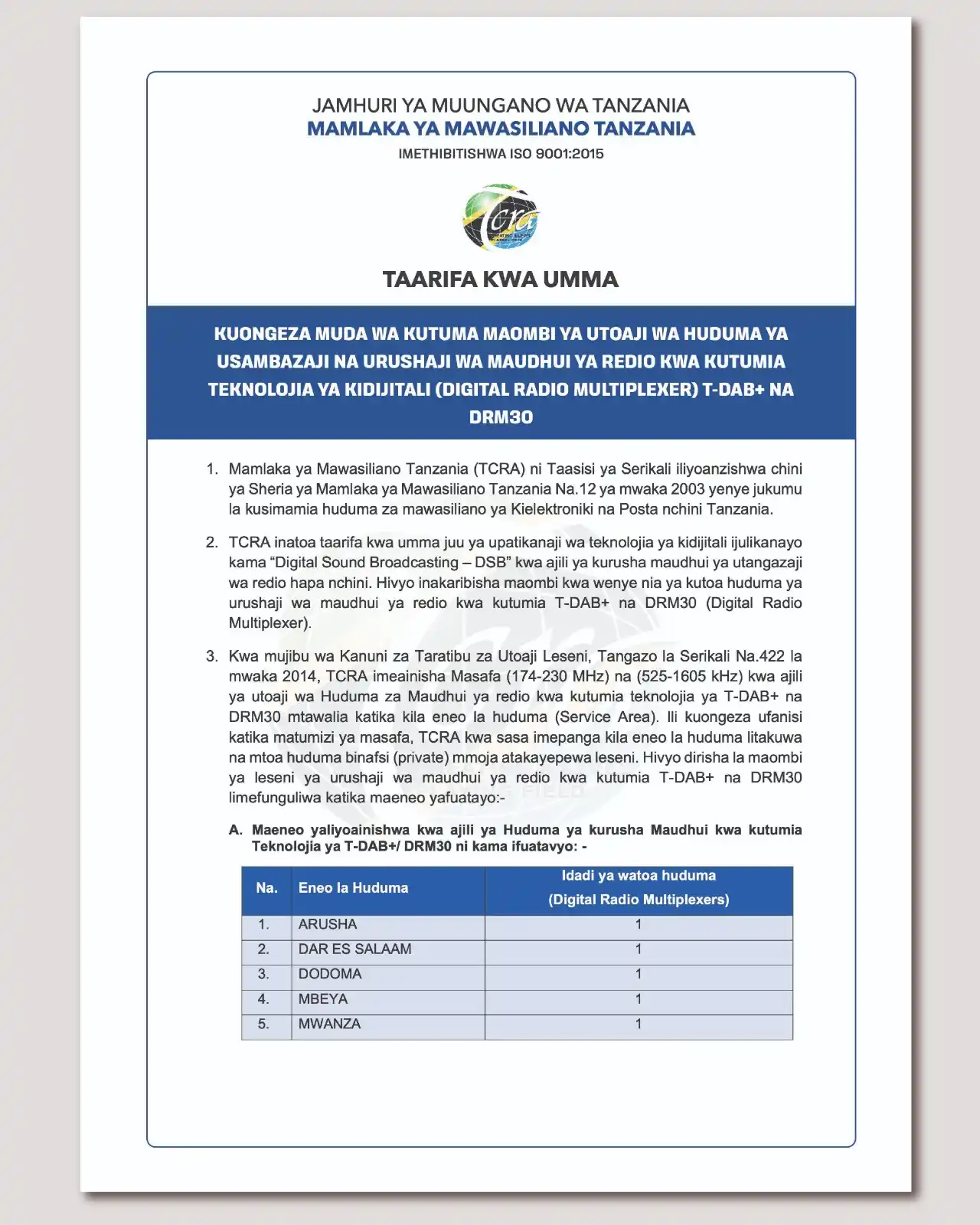 Image from TCRA TANZANIA: 📌 Taarifa kwa Umma (1) <a class="text-blue-500 hover:underline curso...
