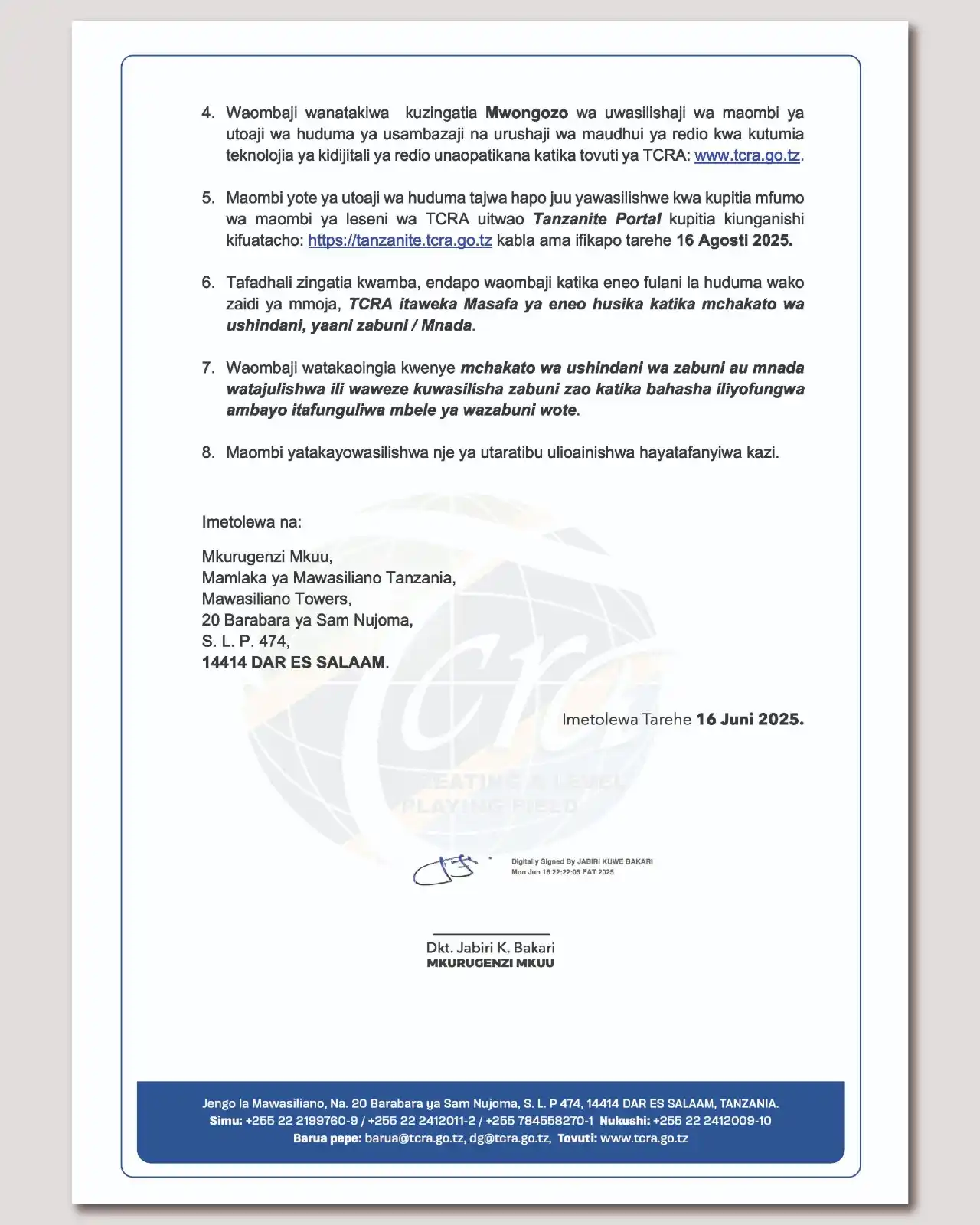 Image from TCRA TANZANIA: 📌 Taarifa kwa Umma (2)  <a class="text-blue-500 hover:underline curso...