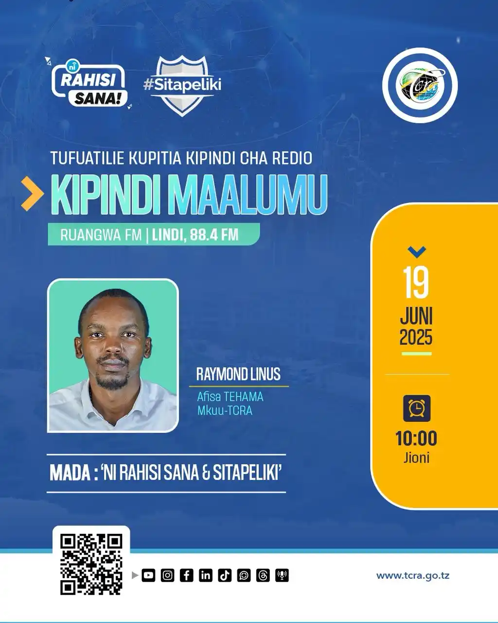 Image from TCRA TANZANIA: 🚨Usikose kufuatilia kipindi Maalum kuanzia saa 10:00 Jioni, 📻 kupi...