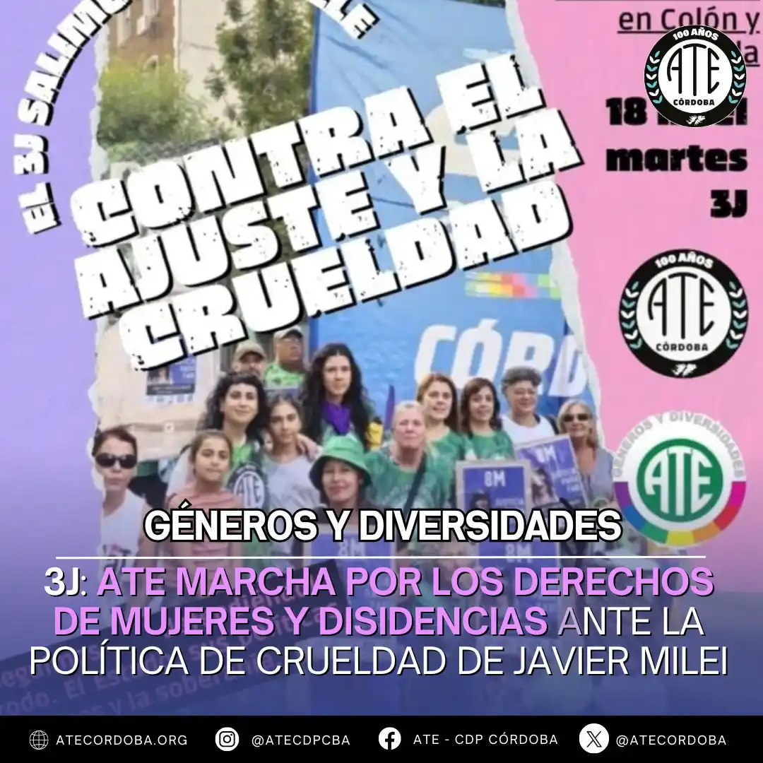Image from ATE CÓRDOBA OFICIAL: 📢 3J: A 10 años del primer grito de NI UNA MENOS, ATE vuelve a marcha...