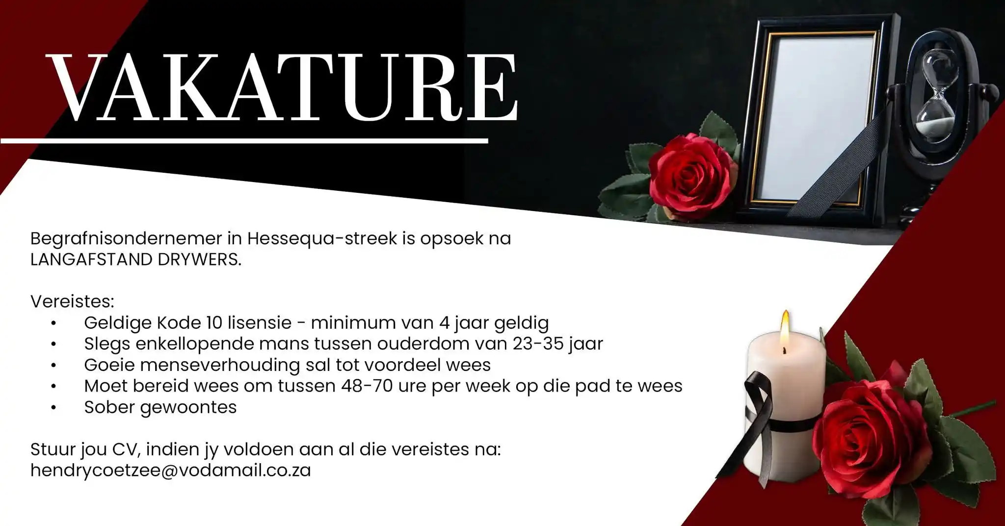 Image from Advertise Jobs/Werk: ADVERTENSIE – Vakature vir Langafstand Drywers gesoek in die Hessequa-...