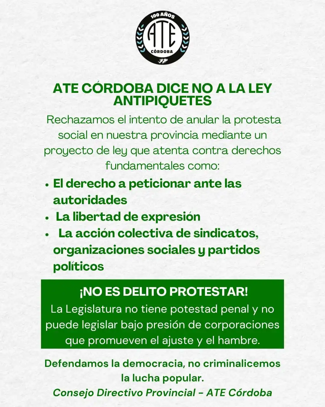 Image from ATE CÓRDOBA OFICIAL: 🚫 *ATE RECHAZA LA “LEY ANTIPIQUETES” EN CÓRDOBA*  📣 A través de una ...
