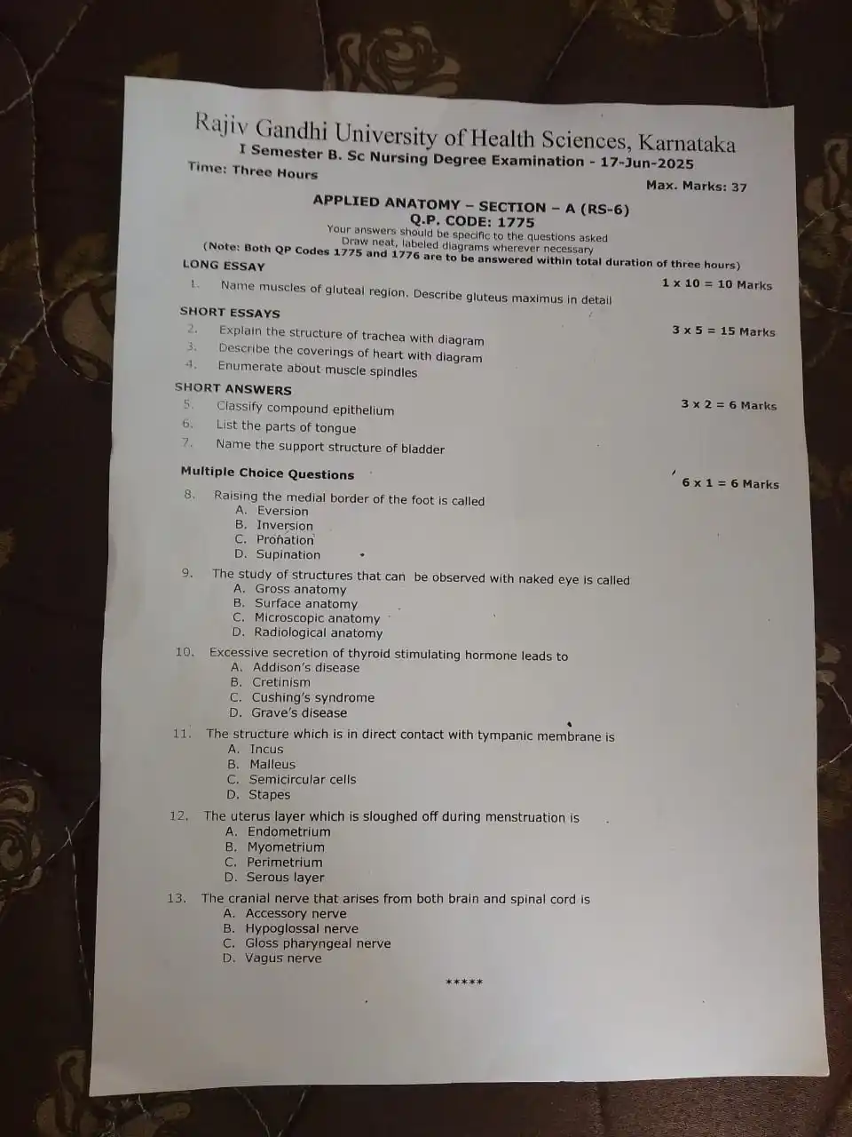 Image from BSC NURSING RGUHS FAM ✪: Bsc nursing 1st sem anatomy and physiology question paper jun 17 2025...