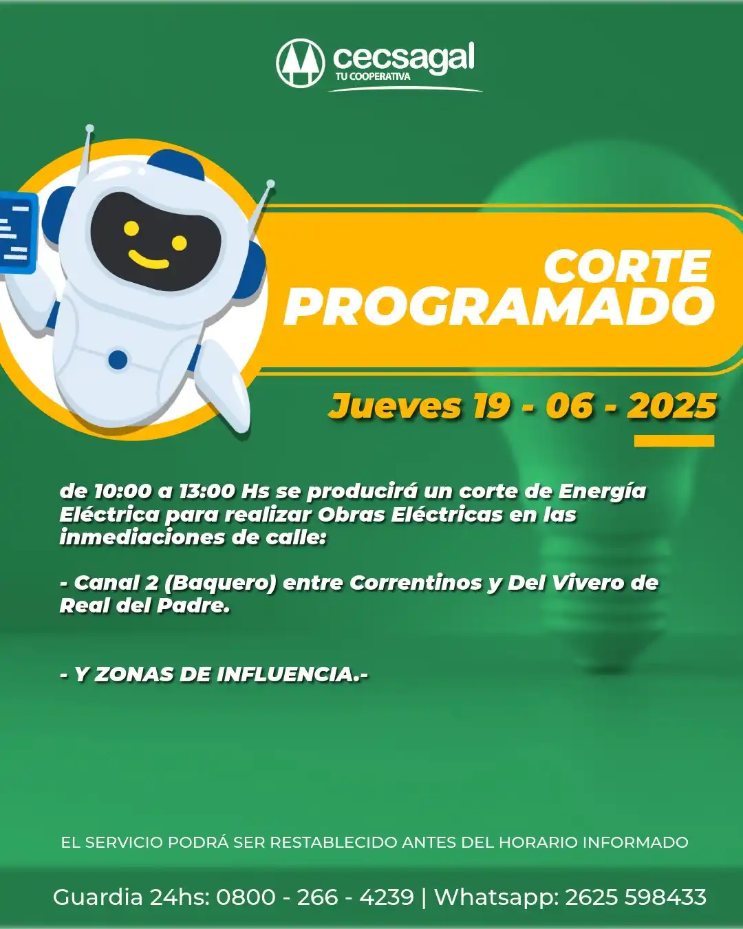Image from Fm Raices Alvear: 🟢 COMUNICADO | COOPERATIVA CECSAGAL. ◼️El día Jueves 19 - 06 - 2025,...