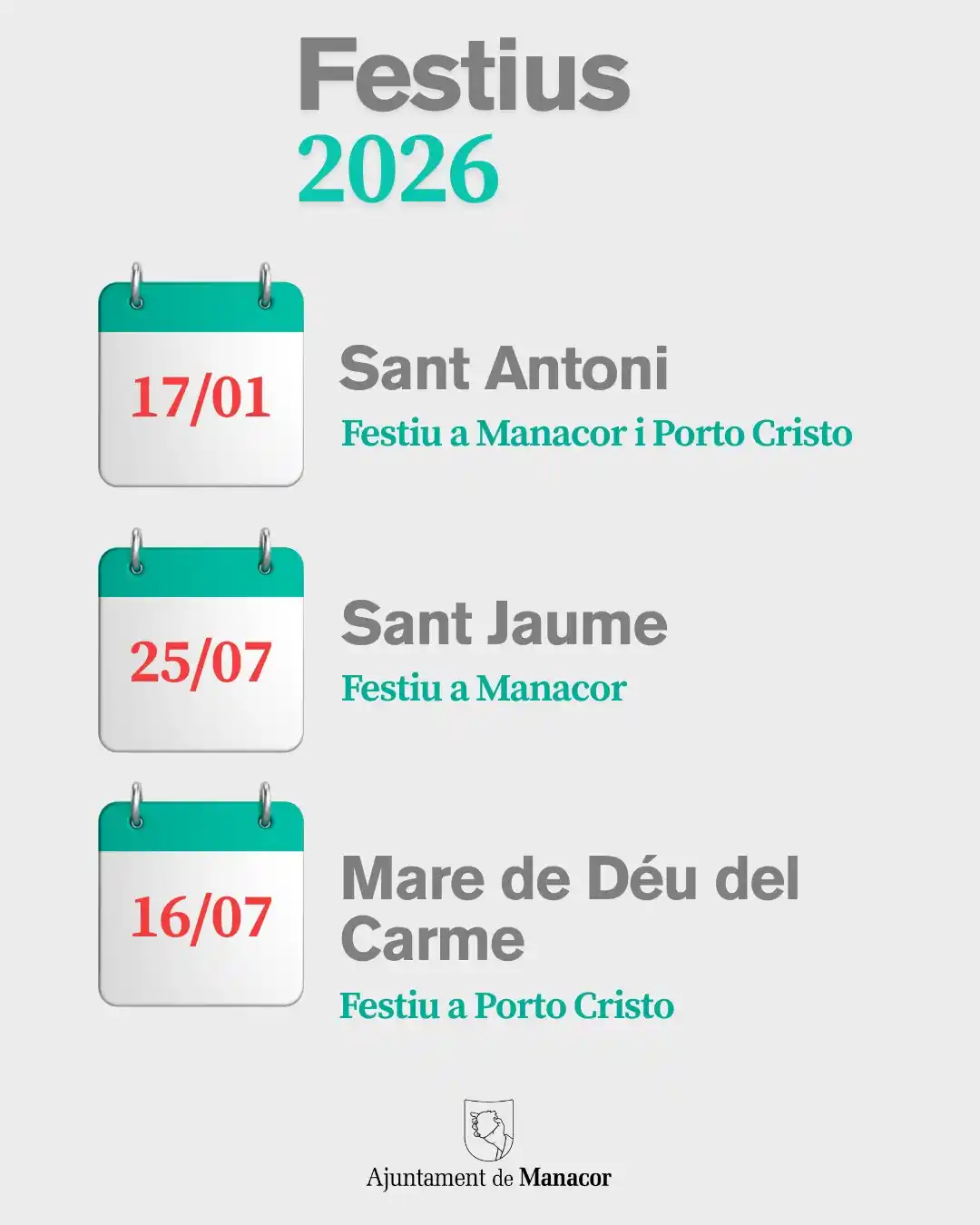 Image from Ajuntament de Manacor : 📅 Festius 2026 a Manacor  El ple de l’Ajuntament ha aprovat els festi...