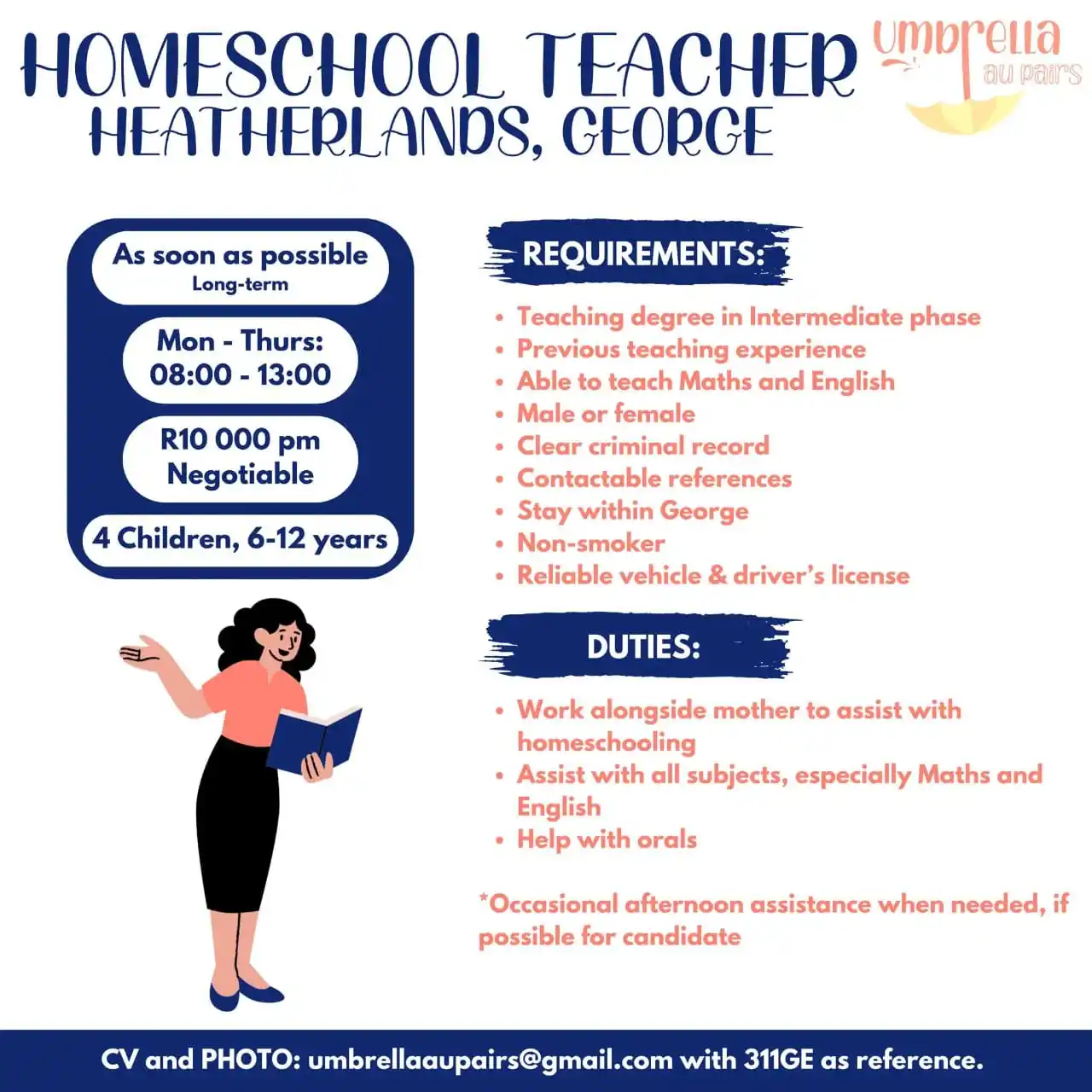 Image from Advertise Jobs/Werk: 📚 Homeschool Teacher needed in Heatherlands, George Please send your...