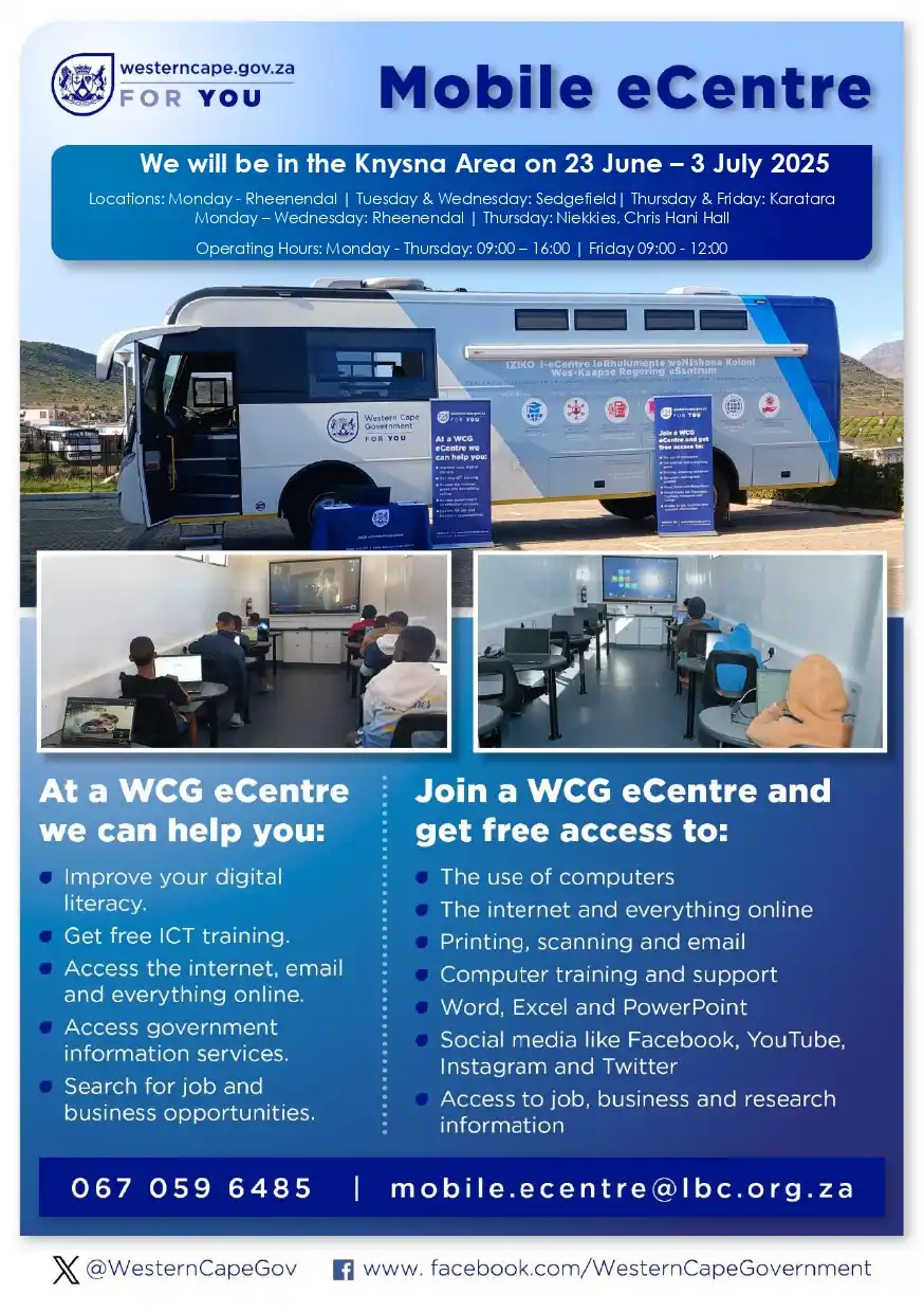 Image from Advertise Jobs/Werk: *MOBILE eCENTRE OUTREACH* ℹ️ The Mobile e-Centre will be in the Knysn...