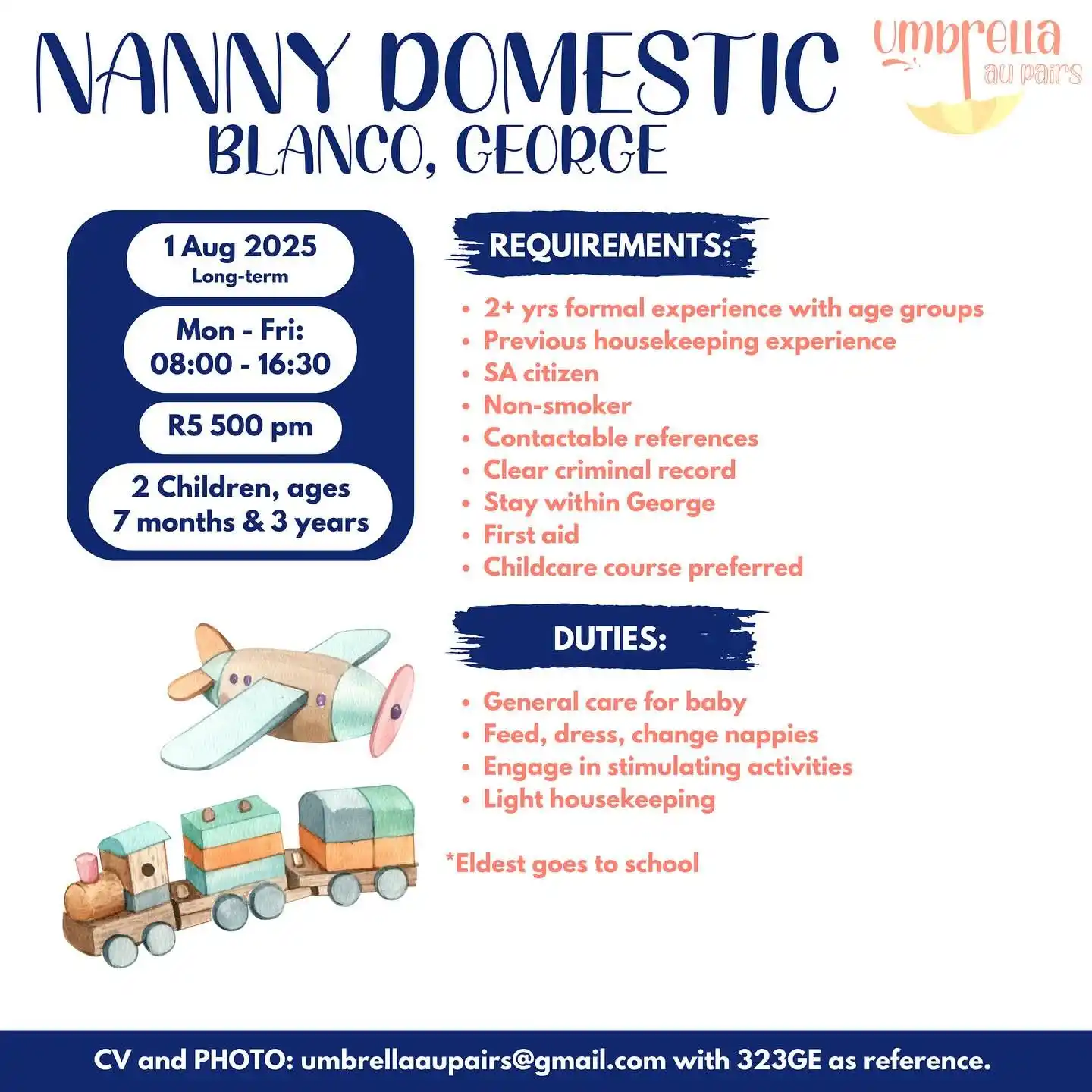 Image from Advertise Jobs/Werk: 💘 Nanny Domestic needed in Blanco, George  Please send your CV and PH...
