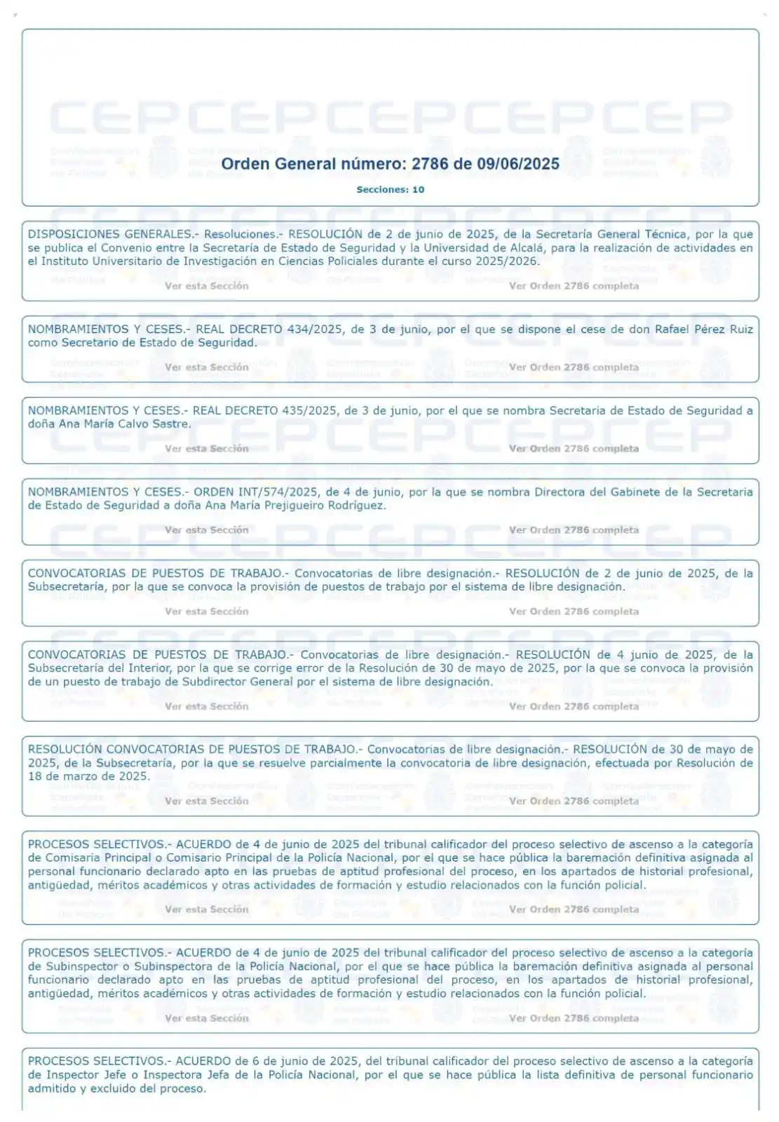 Image from InfoCEP: Orden General *2786* de *9 de junio de 2025* https://cepolicia.net/Or...