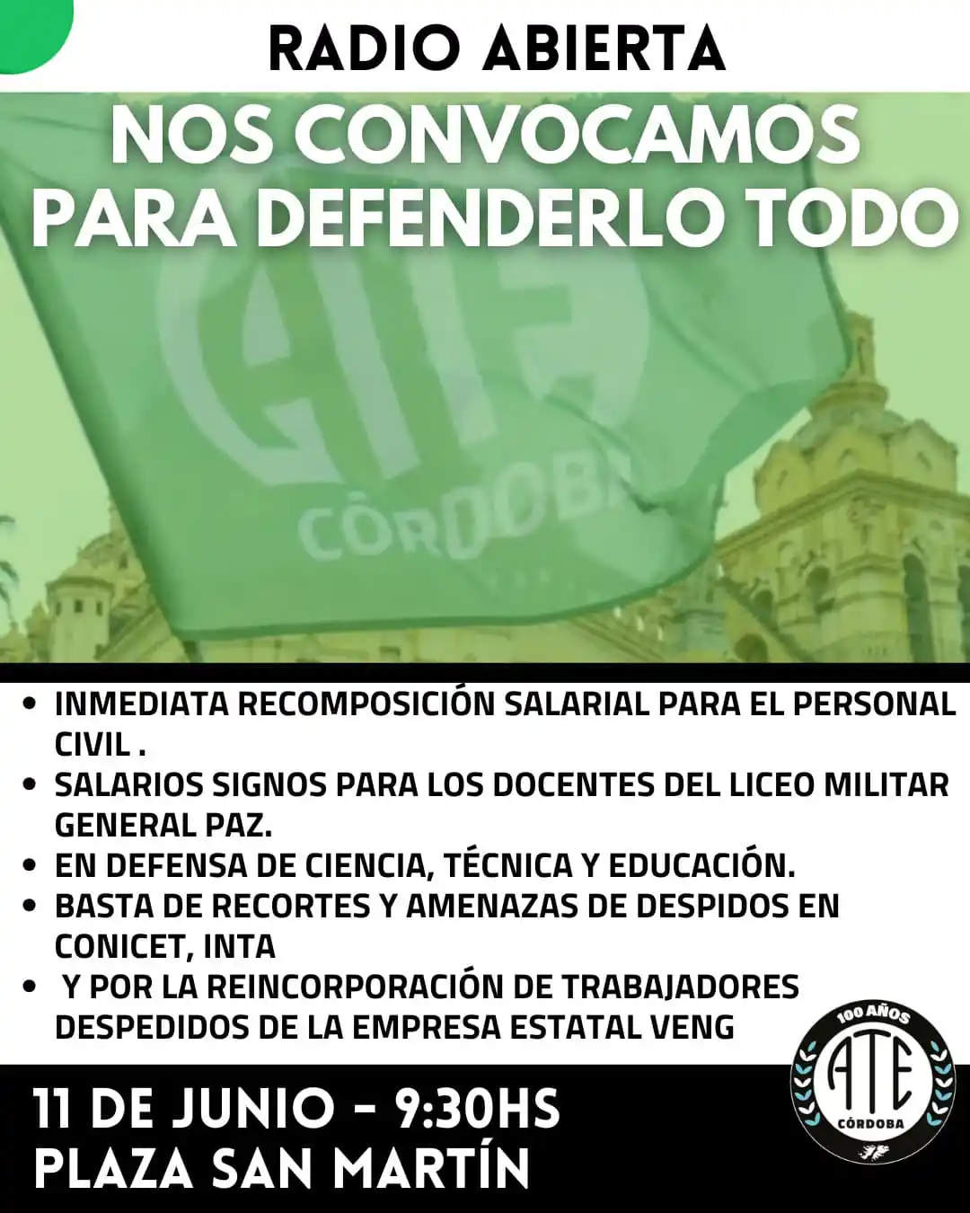 Image from ATE CÓRDOBA OFICIAL: 📢 *¡RADIO ABIERTA EN DEFENSA DE NUESTROS DERECHOS!*  Este miércoles 1...