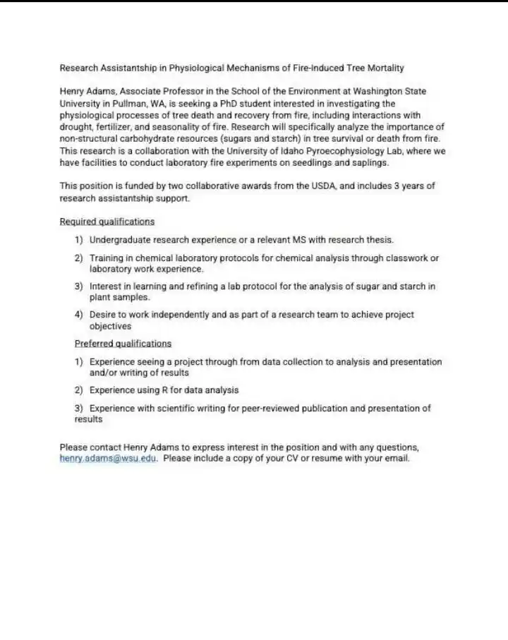 Image from World Scholarship Opportunities: *Research Assistantship in Physiological Mechanisms of Fire-Induced Tr...