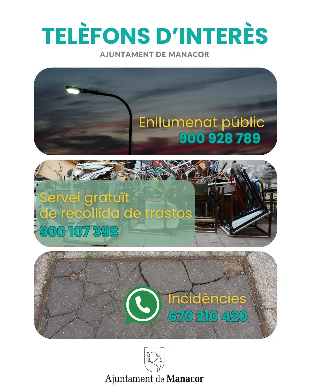 Image from Ajuntament de Manacor : 📞 TELÈFONS D’INTERÈS PER A LA CIUTADANIA  Heu detectat cap avaria a l...
