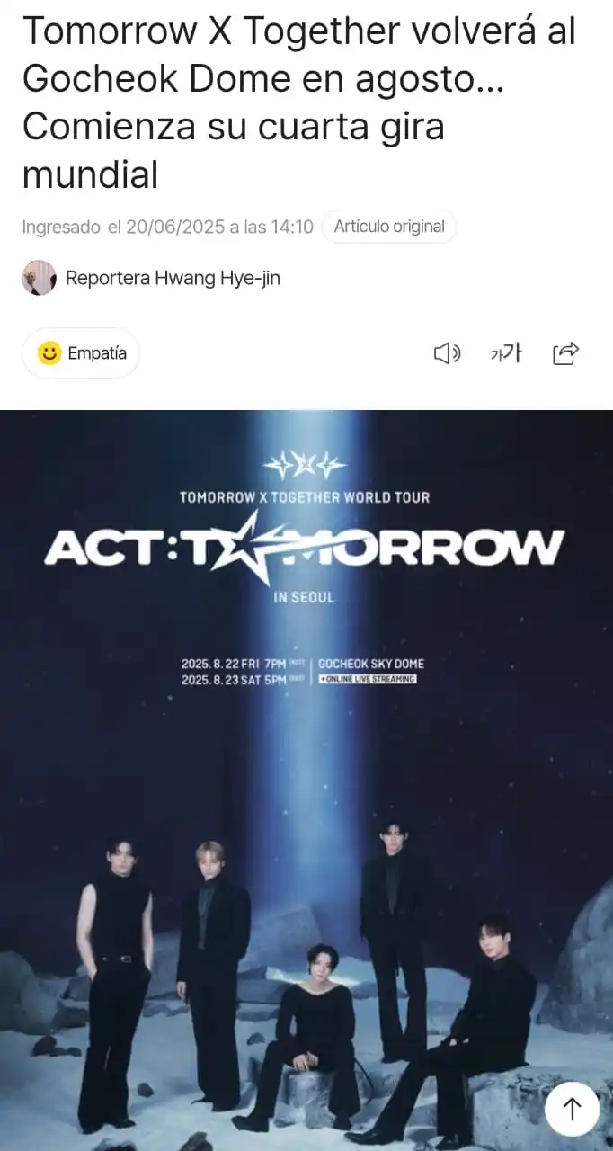 Image from TUBATUS NOTICIAS | TXT CB JULIO !!: 📰 *| YA ESTÁN SALIENDO ARTÍCULOS SOBRE LA NUEVA GIRA!! 😭*  > *TOMORR...