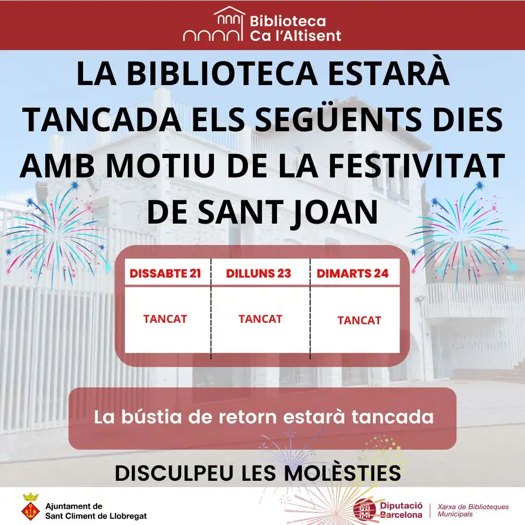 Image from Biblioteca Ca L'Altisent - Activitats: Aprofitem per recordar-vos que la biblioteca estarà tancada dissabte 2...
