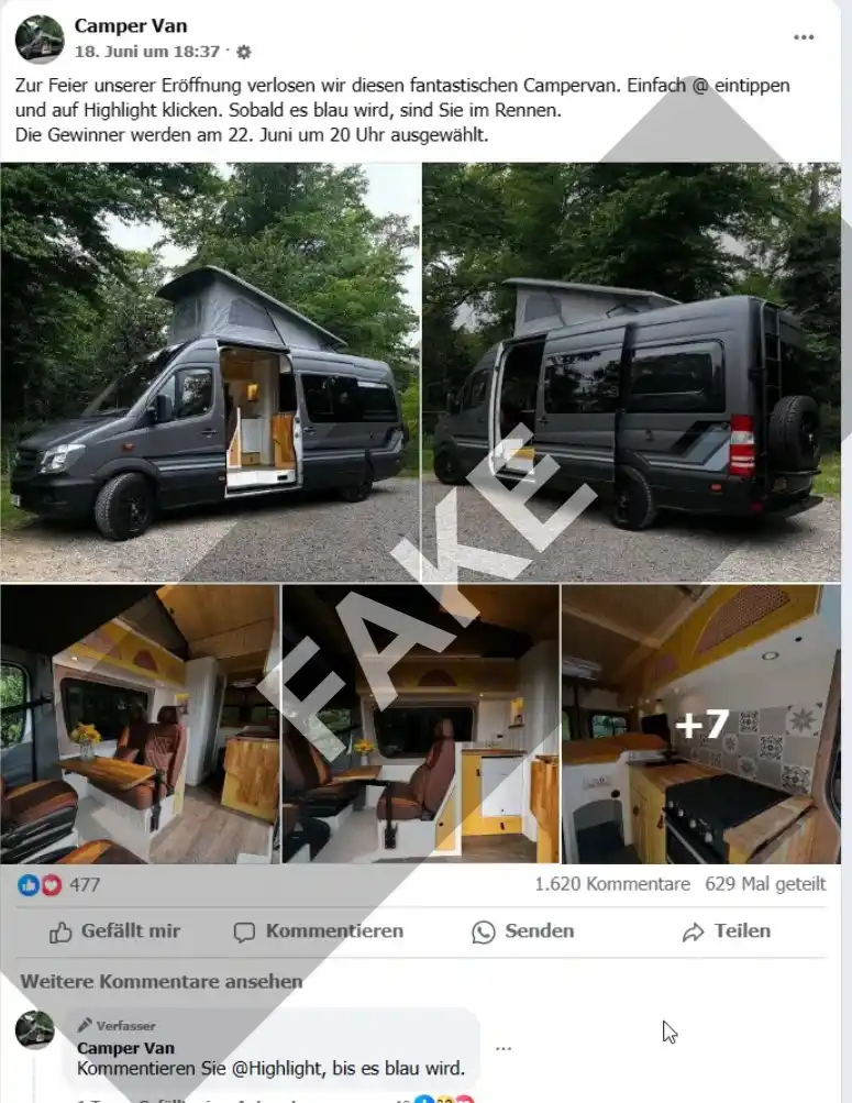 Image from Mimikama Faktenchecks: Ein neues Facebook-Gewinnspiel lockt mit einem angeblichen Camper-Van ...