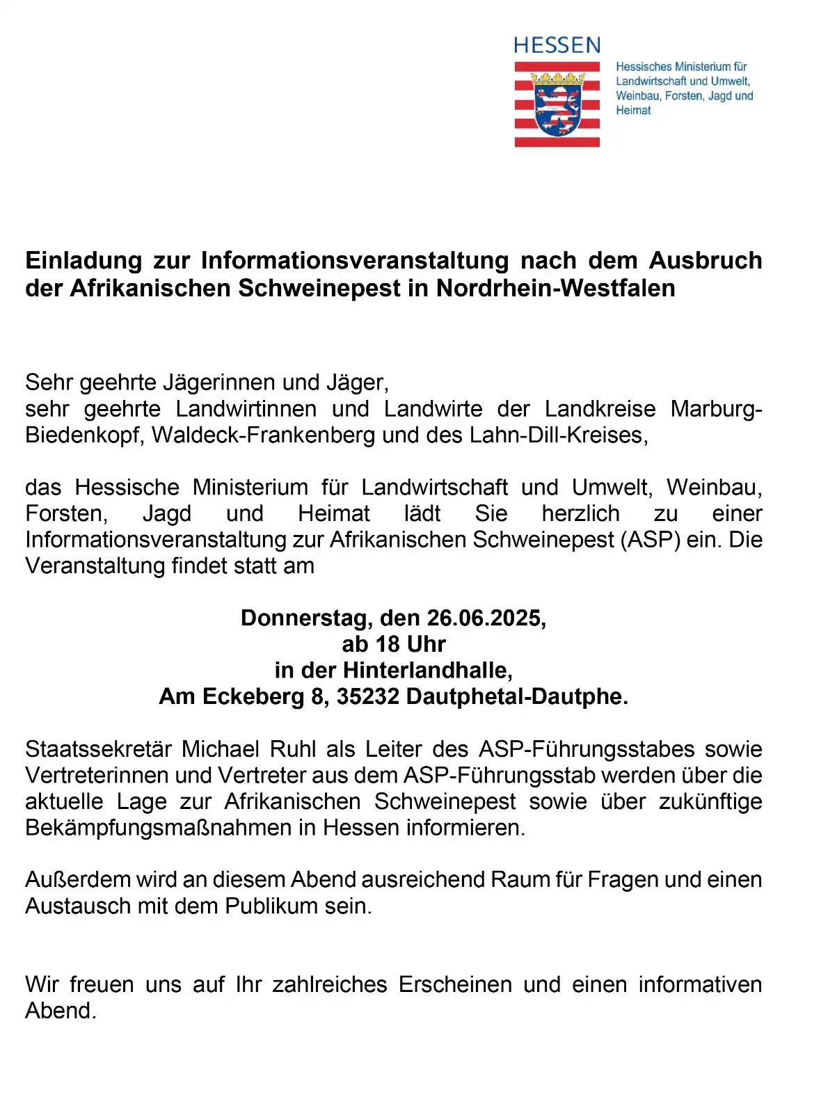 Image from Landesjagdverband Hessen e. V.: 🦠 Informationsabend zur Afrikanischen Schweinepest (ASP) – HMLU lädt ...