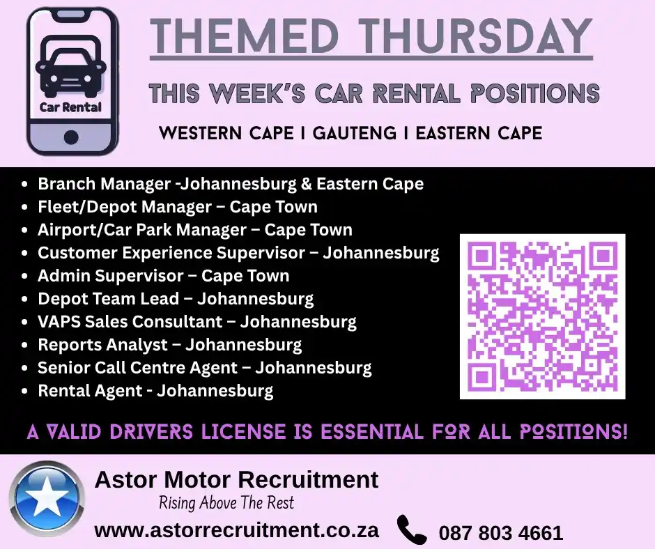 Image from Astor Motor Recruitment: It is Themed Thursday! 🚗 Here are this week’s Car Rental positions ...
