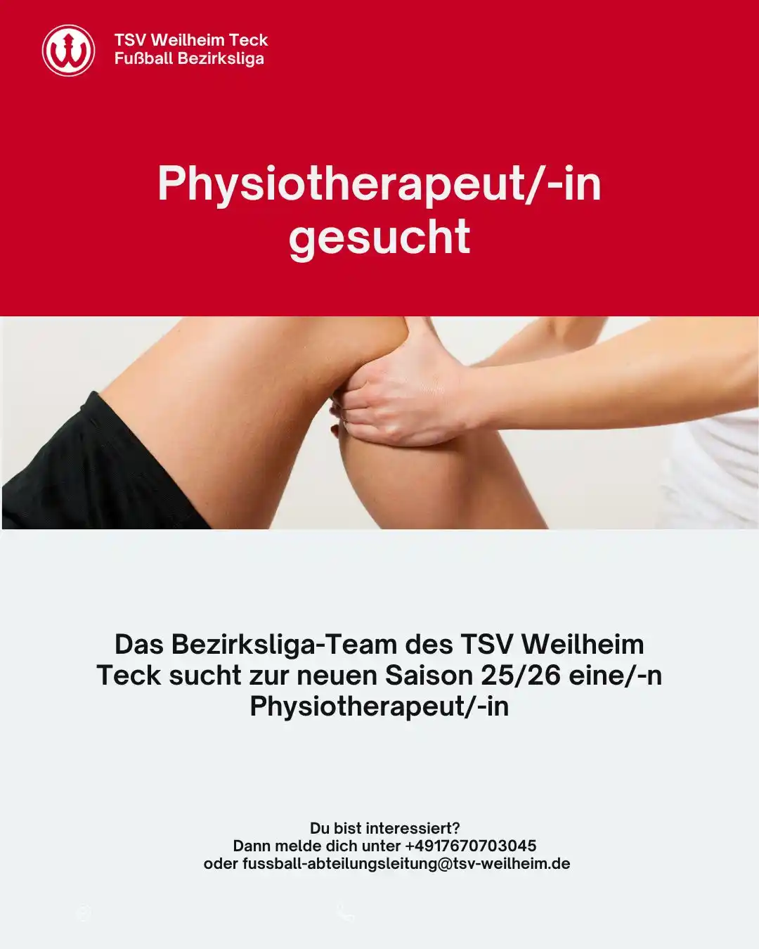 Image from TSV Weilheim a.d.Teck - Abt. Fussball: 🔴⚪ Physiotherapeut/-in gesucht! ⚪🔴  Für unsere Bezirksliga-Mannschaf...