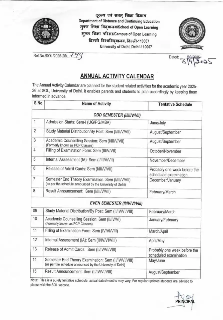Image from DU SOL UPDATES 🎓: 📍 `Tentative Annual activity calendar 2025-26` ⭐ Isme aapke next sem...