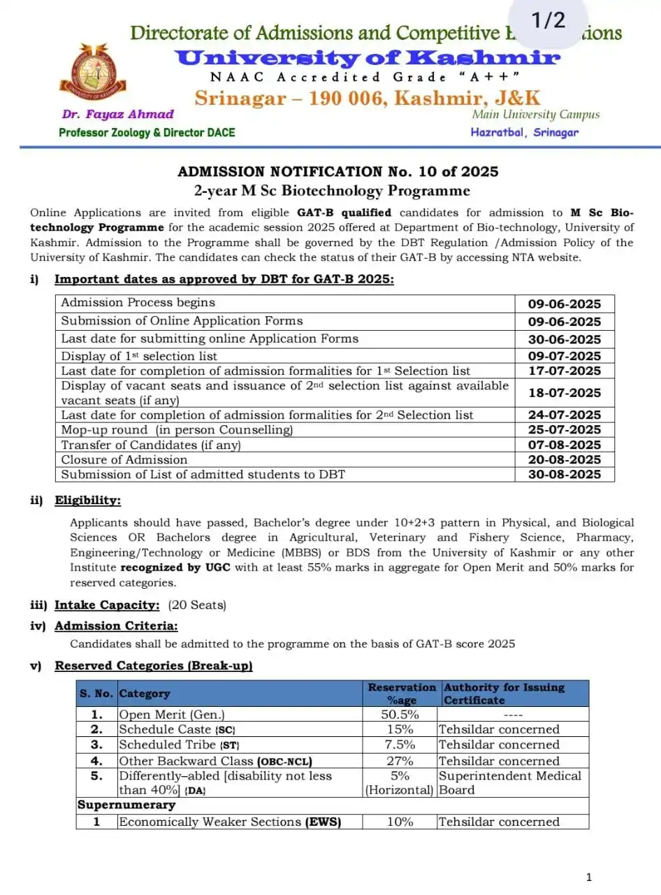Image from STUDENT'S GUIDE: University of Kashmir   ADMISSION NOTIFICATION No. 10 of 2025 2-year *...