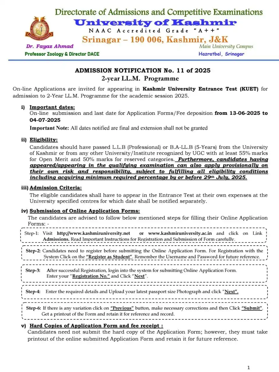 Image from STUDENT'S GUIDE: *University of Kashmir*   On-line Applications are invited for appeari...