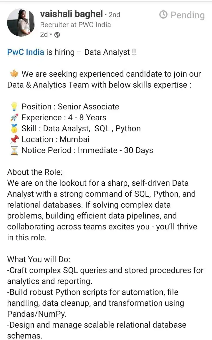 Image from Data Commence ✅: Hiring for data analyst at pwc  https://www.linkedin.com/posts/vaishal...