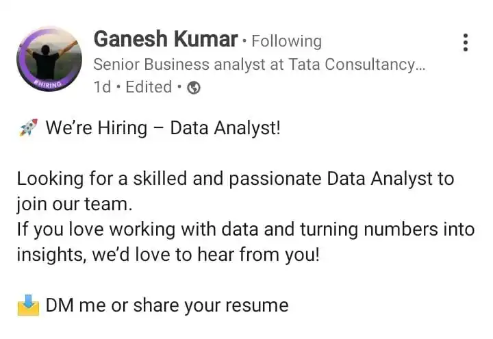 Image from Data Commence ✅: Hiring for data analyst  https://www.linkedin.com/posts/ganesh-kumar-3...