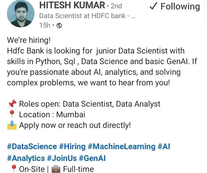 Image from Data Commence ✅: Hiring for data analyst, scientist Interested people reach out to him ...
