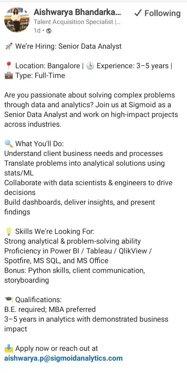 Image from Data Commence ✅: Hiring for senior data analyst https://www.linkedin.com/posts/missbh...