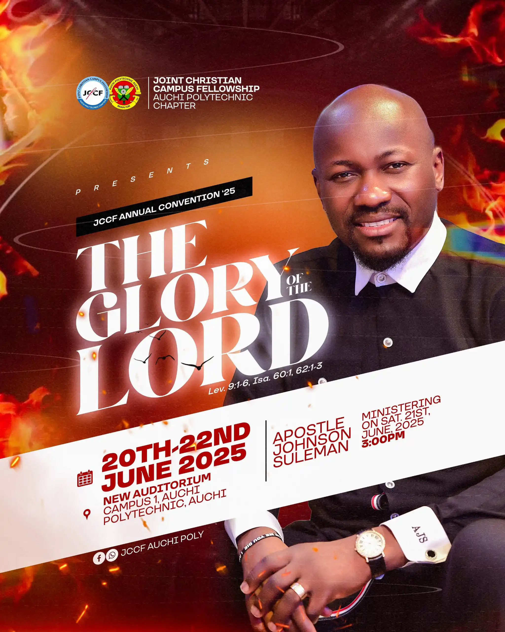 Image from Apostle Johnson Suleman: I’ll be ministering at the JCCF AuchiPoly Chapter Annual Convention 20...