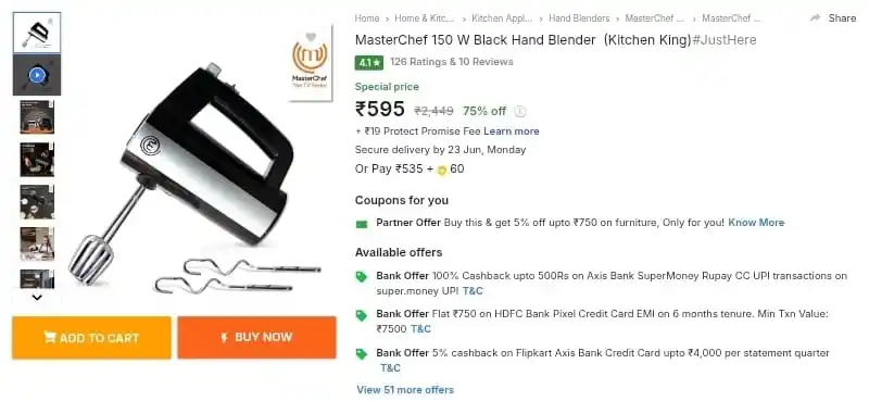 Image from DealGhar: MasterChef 150W Hand Blender at ₹595 https://fktr.in/oKUn8Qf...