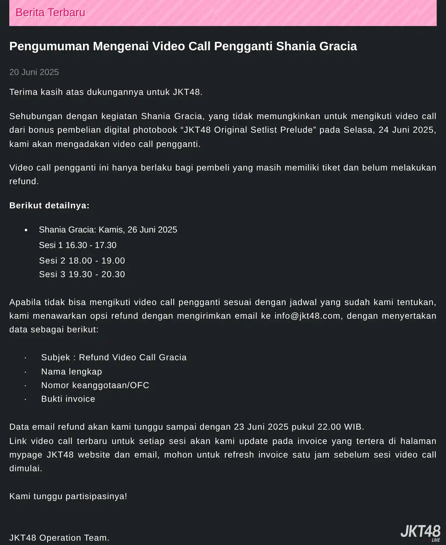 Image from Seputar JKT48 😻: [NEWS] Pengumuman Mengenai Video Call Pengganti Shania Gracia  https:/...