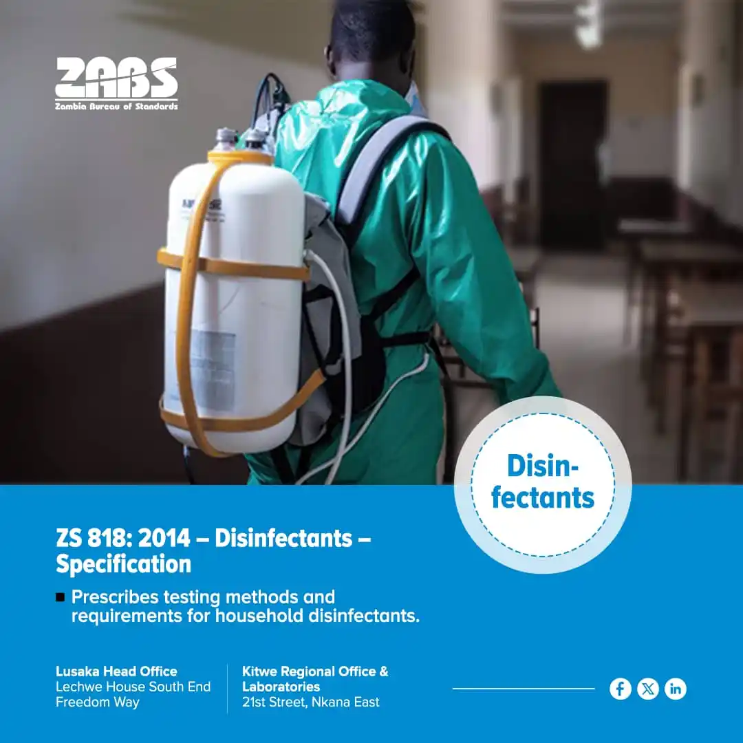 Image from Zambia Bureau of Standards: Specification defines the performance and safety criteria for disinfec...