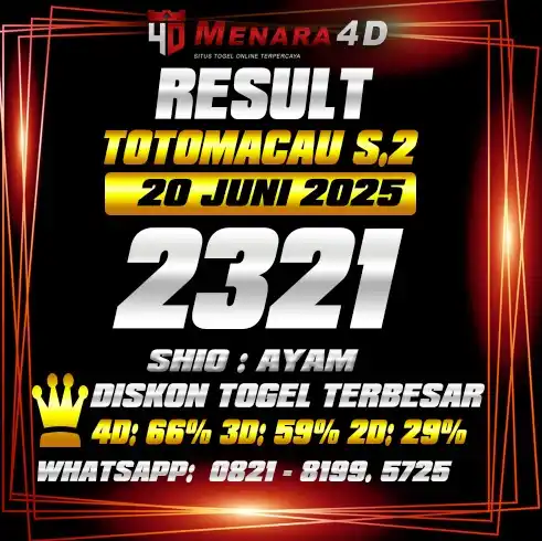 Image from PREDIKSI TOGEL MENARA4D: TOTOMACAU S.2 MENARA4D 20 JUNI 2025 RESULT : 2321 SHIO : AYAM BAGI YAN...