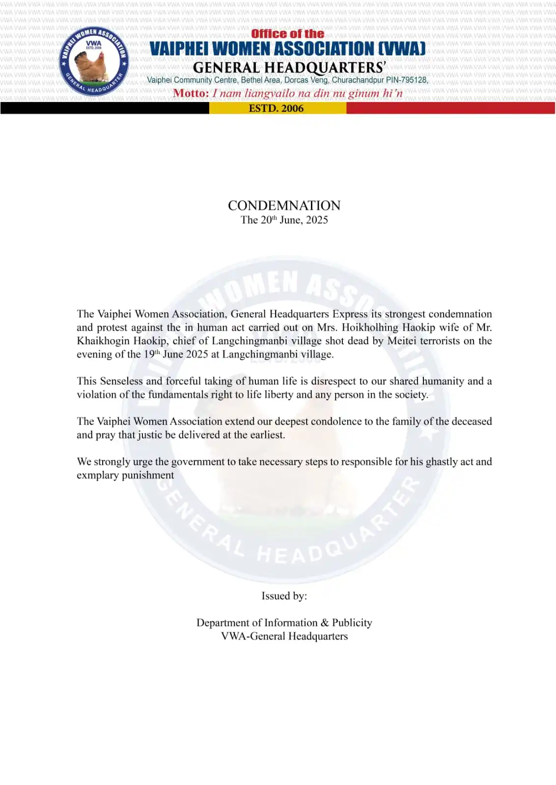 Image from 𝗞𝗨𝗞𝗜 𝗧𝗔𝗛𝗖𝗛𝗔𝗣𝗔 𝗛𝗢: *Vaiphei Women Association* *General Headquarters*  CONDEMNATION...