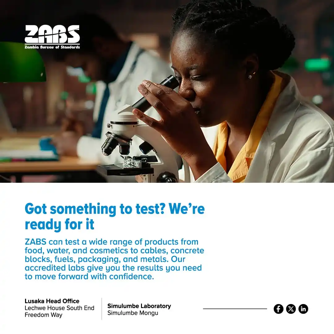 Image from Zambia Bureau of Standards: ZABS provides reliable testing services for manufacturers, importers, ...