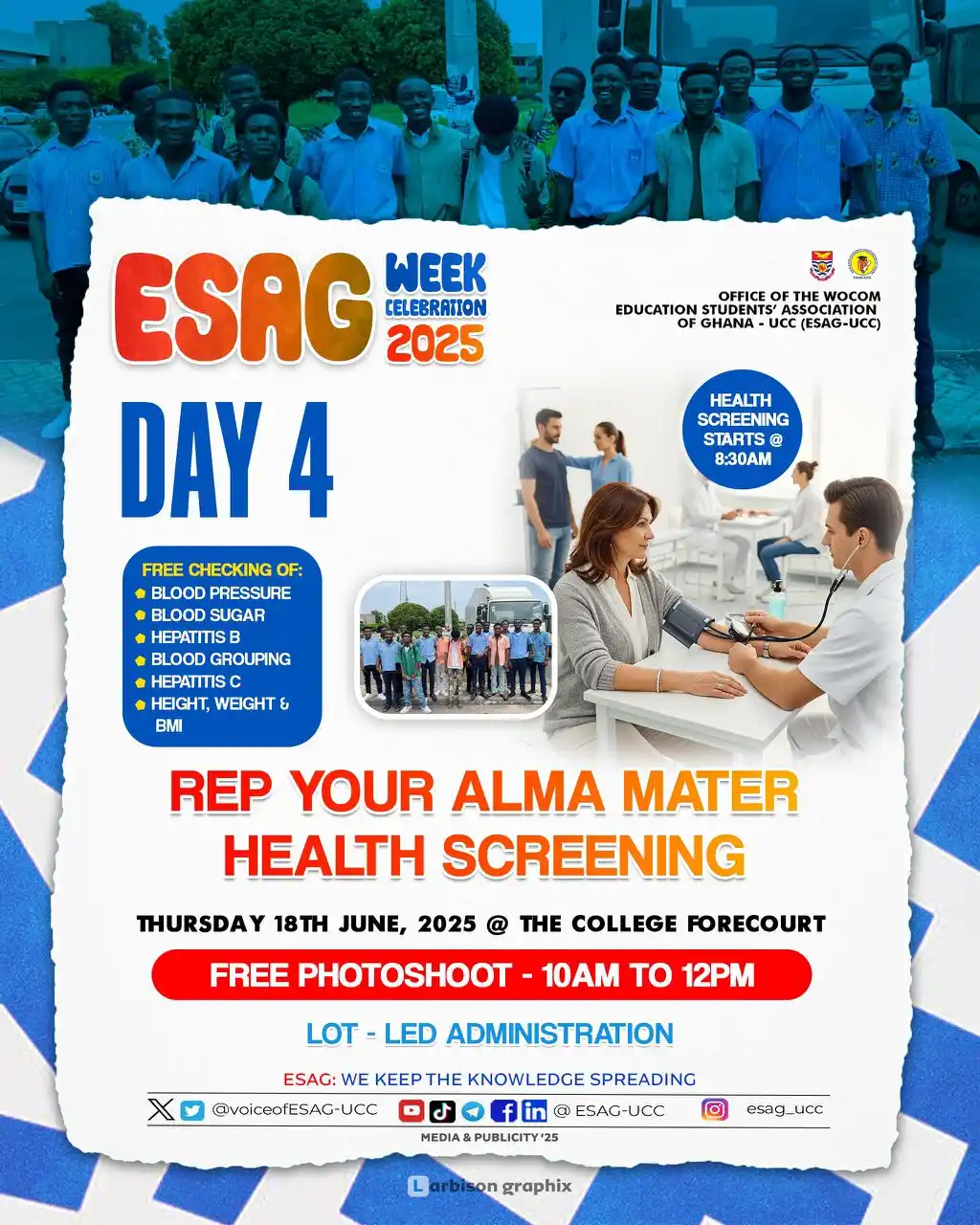 Image from 𝐕𝐎𝐈𝐂𝐄 𝐎𝐅 𝐔𝐂𝐂: *DAY 4 of ESAG WEEK CELEBRATION: REP ‘UR SHS / FREE HEALTH SCREENING* ...