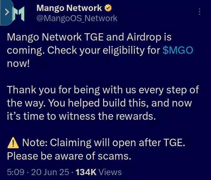 Image from Prestige | Airdrop Vault: Mango Network TGE and Airdrop is coming. Check your eligibility for $M...