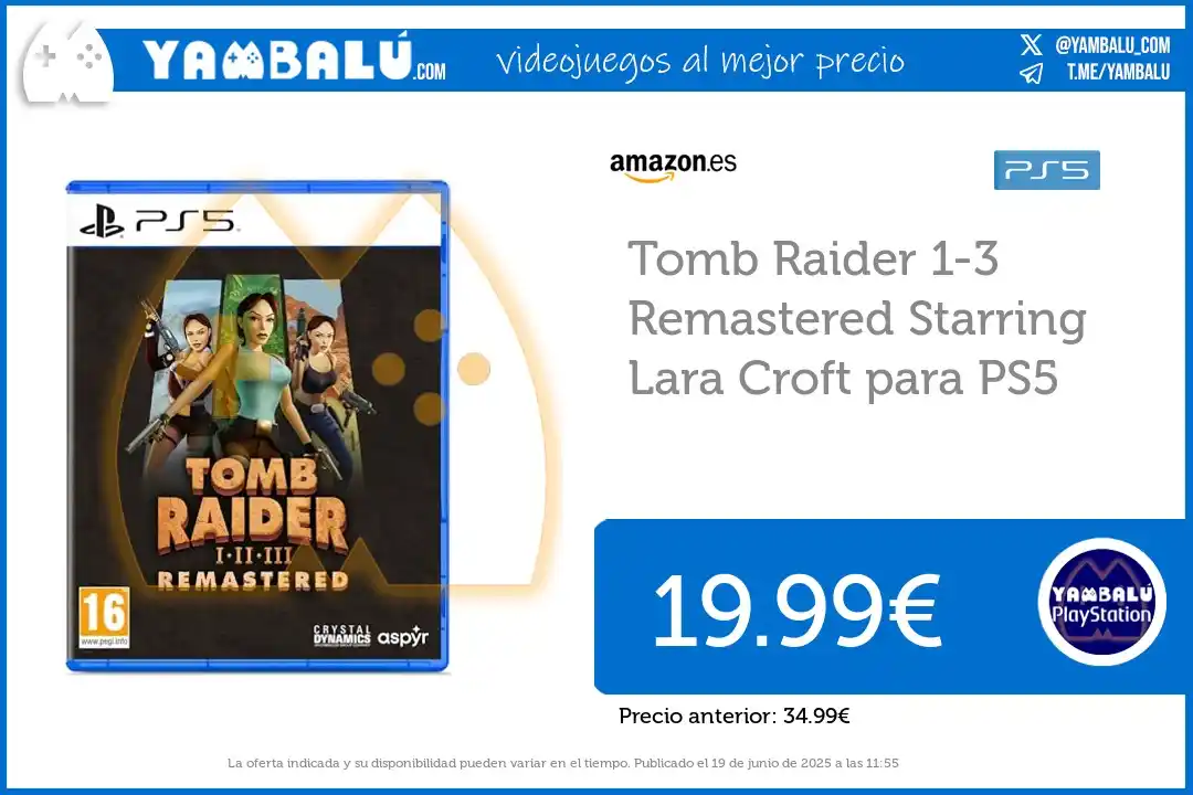 Image from Yambalú - Las mejores ofertas de videojuegos en Amazon, MediaMarkt, FNAC, Miravia...: Oferta para PS5: *Tomb Raider 1-3 Remastered Starring Lara Croft* ✅ *...