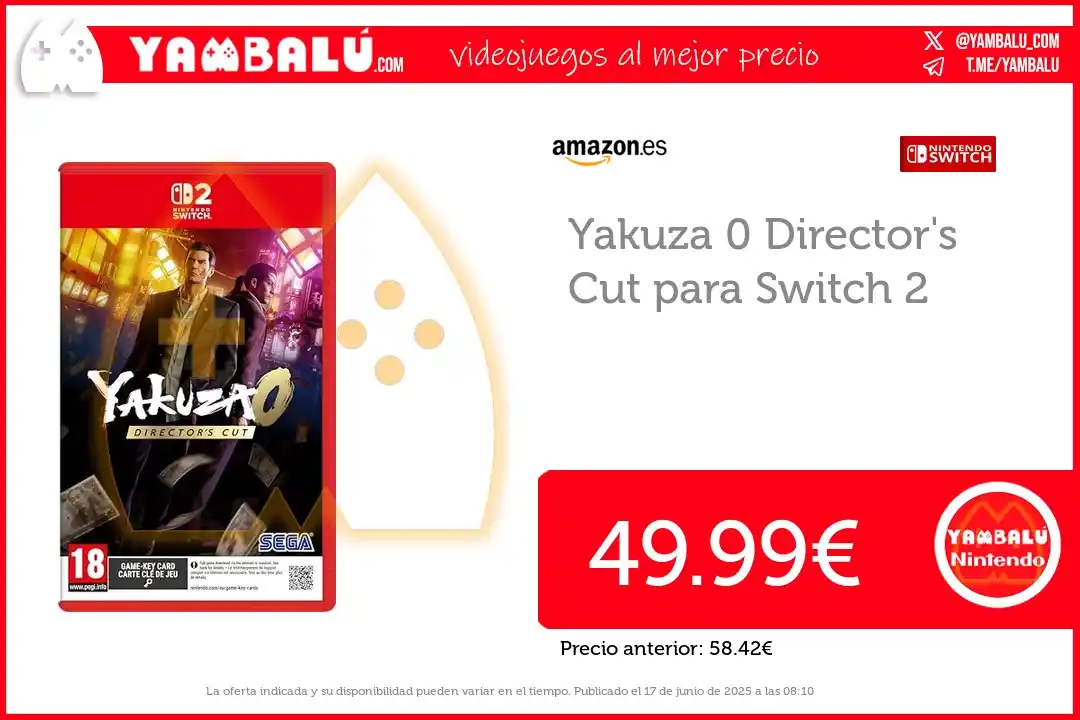 Image from Yambalú - Las mejores ofertas de videojuegos en Amazon, MediaMarkt, FNAC, Miravia...: Oferta para Switch: *Yakuza 0 Director's Cut*  ✅ *49.99€* _(Antes ❌58....